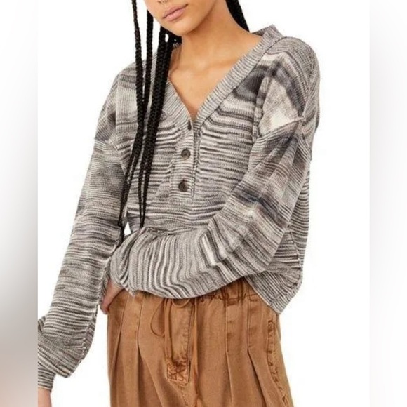Free People Marble Ribbed Button Sweater Mercury Henley Black L boho cardigan - Picture 1 of 12